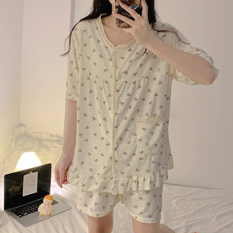 Bộ Đồ Ngủ Ngắn Tay Viền Ren Phong Cách Pháp Ngọt Ngào Mới Cho Nữ