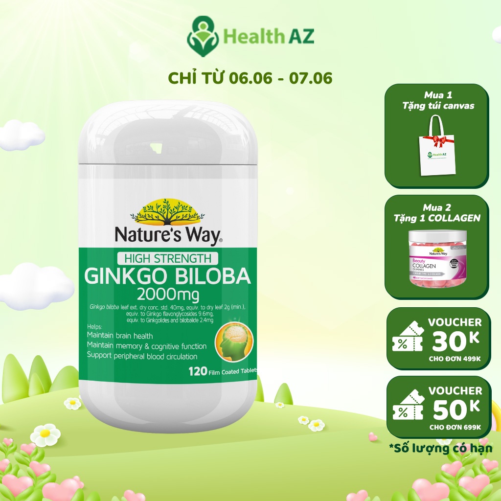Viên Uống Bổ Não Ginkgo Biloba 2000mg NATURE'S WAY Tăng Tuần Hoàn Máu, Tăng Cường Trí Nhớ, Chống Oxi Hóa, Hộp 120 Viên