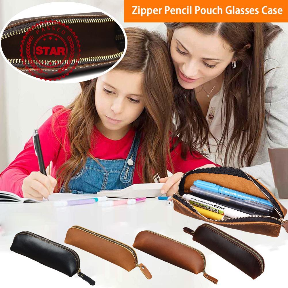 Túi Đựng Bút Bằng Da Thật Có Khóa Kéo Phong Cách Retro Đơn Giản M6K0