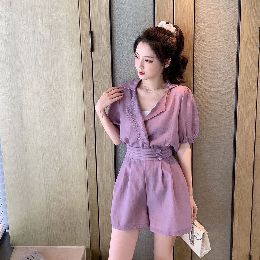 Set Áo Chiffon Cổ Chữ V + Quần Short Chữ a Lưng Cao Ống Rộng Thời Trang Cho Nữ