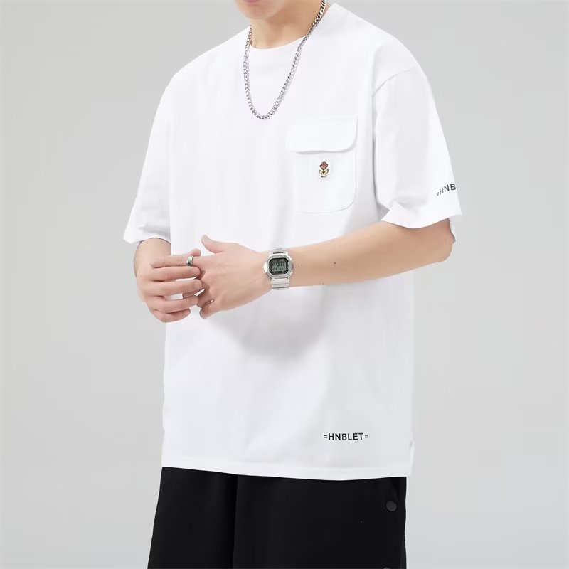 Áo Thun Cotton Ngắn Tay Màu Trơn Phối Túi Thời Trang Đường Phố Mùa Hè Cho Nam