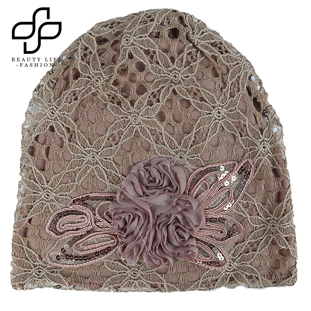 Mũ Beanie Hai Lớp Phối Ren Họa Tiết Hoa Thời Trang Mùa Đông Cho Nữ