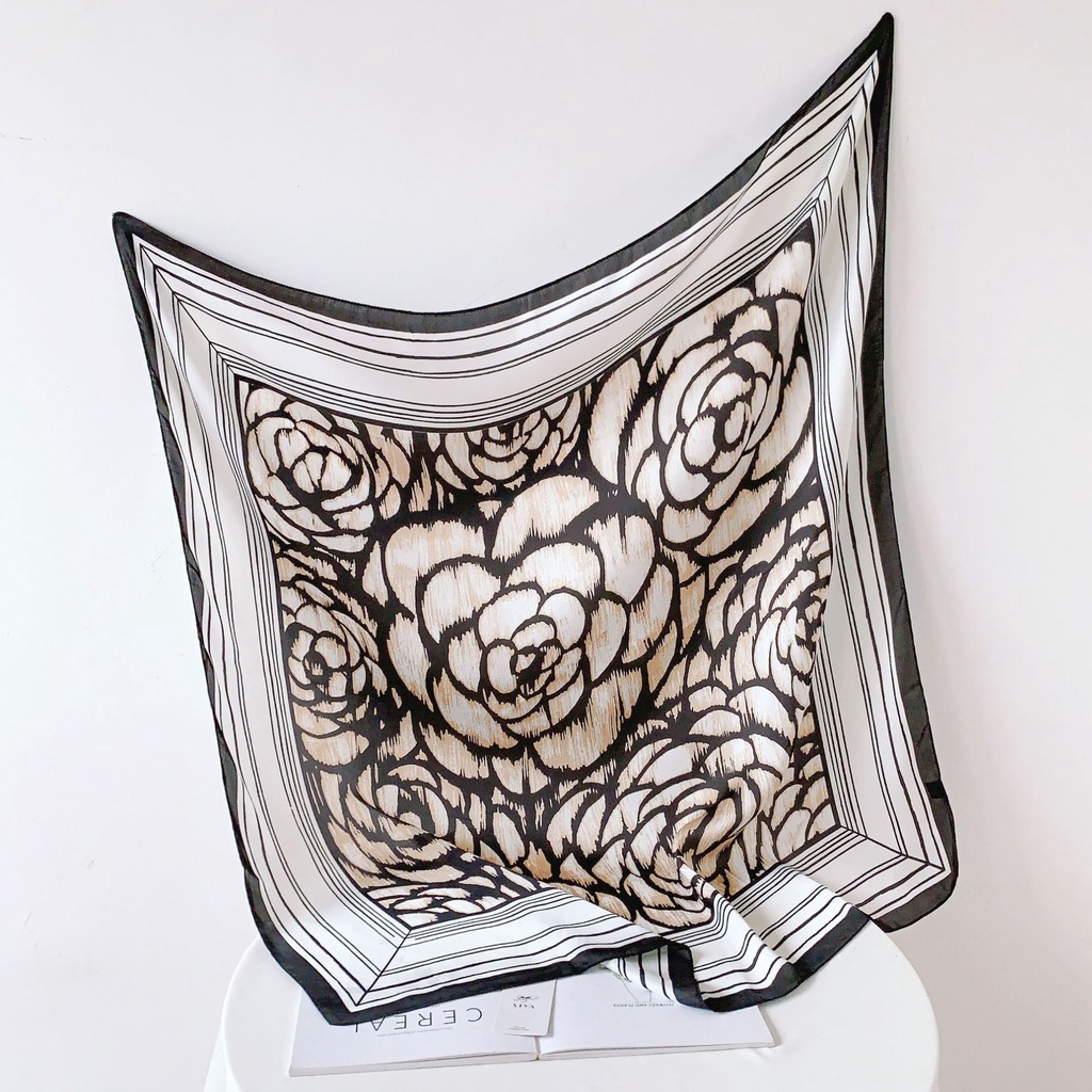 Khăn Choàng Lụa Mỏng Hình Vuông 90 * 90cm In Họa Tiết Hoa Trà Đen Trắng Thời Trang Mùa Hè Cho Nữ