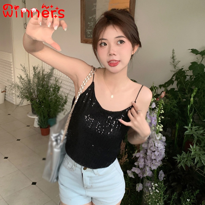 Áo Hai Dây Ngắn Lưng Đính Kim Sa Lấp Lánh Màu gradient Phong Cách Hàn Quốc Quyến Rũ