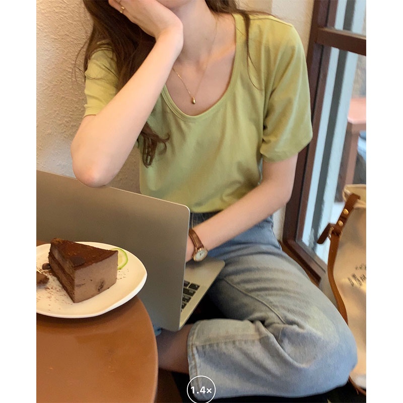 SUXI Áo Thun Ngắn Tay Dáng Rộng Màu Sắc Trơn Thời Trang Mùa Hè Hàn Quốc