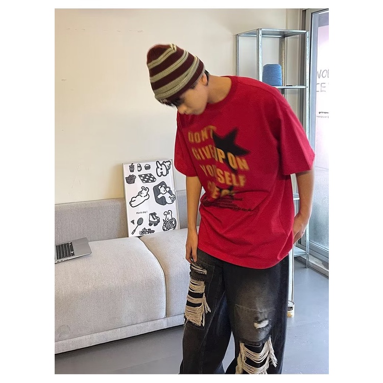 Áo Thun Ngắn Tay Dáng Rộng Thời Trang Âu Mỹ Retro Cá Tính Cho Nam