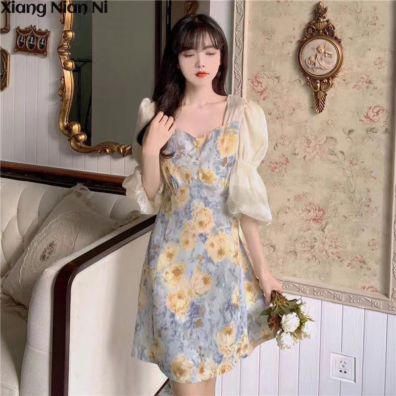 Xiang Nian Ni Đầm Dài Đến Giữa Eo Tay Ngắn Dáng Ôm In Hoa Mật Ong Ngọt Ngào Cho Nữ
