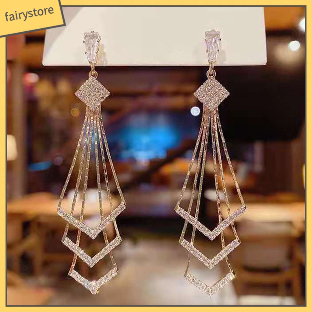 [FRO] Bông Tai Treo Ba Lớp Hình Thoi Đính Kim Cương Giả Lấp Lánh Dành Cho Nữ