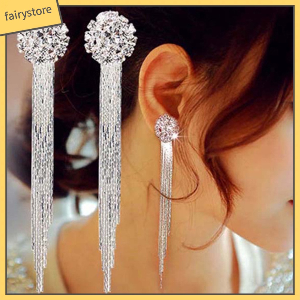 Bông Tai Dáng Dài Đính Đá Phối Tua Rua Lấp Lánh Thời Trang