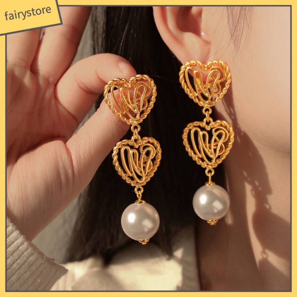 1 Đôi Bông Tai Hình Trái Tim Đính Ngọc Trai Giả Mạ Điện Không Gây Dị Ứng Thời Trang