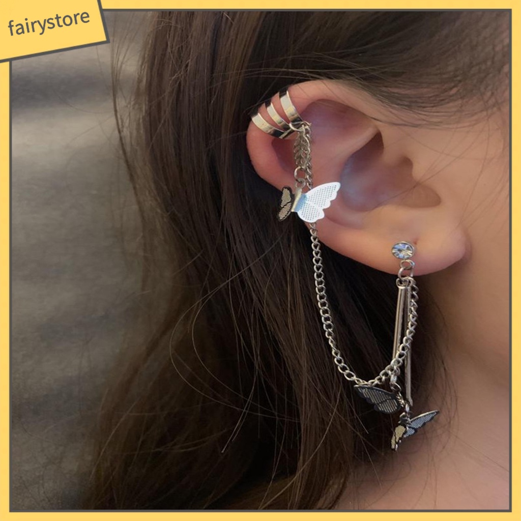 1 Đôi Bông Tai Hình Bướm Màu Bạc Phong Cách Punk Thời Trang Dành Cho Nữ