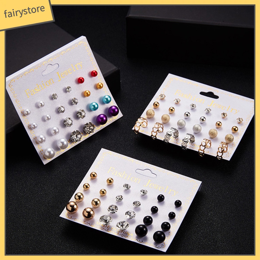 Set 12 Đôi Khuyên Tai Đính Đá / Ngọc Trai Giả Thời Trang Thanh Lịch Dành Cho Nữ