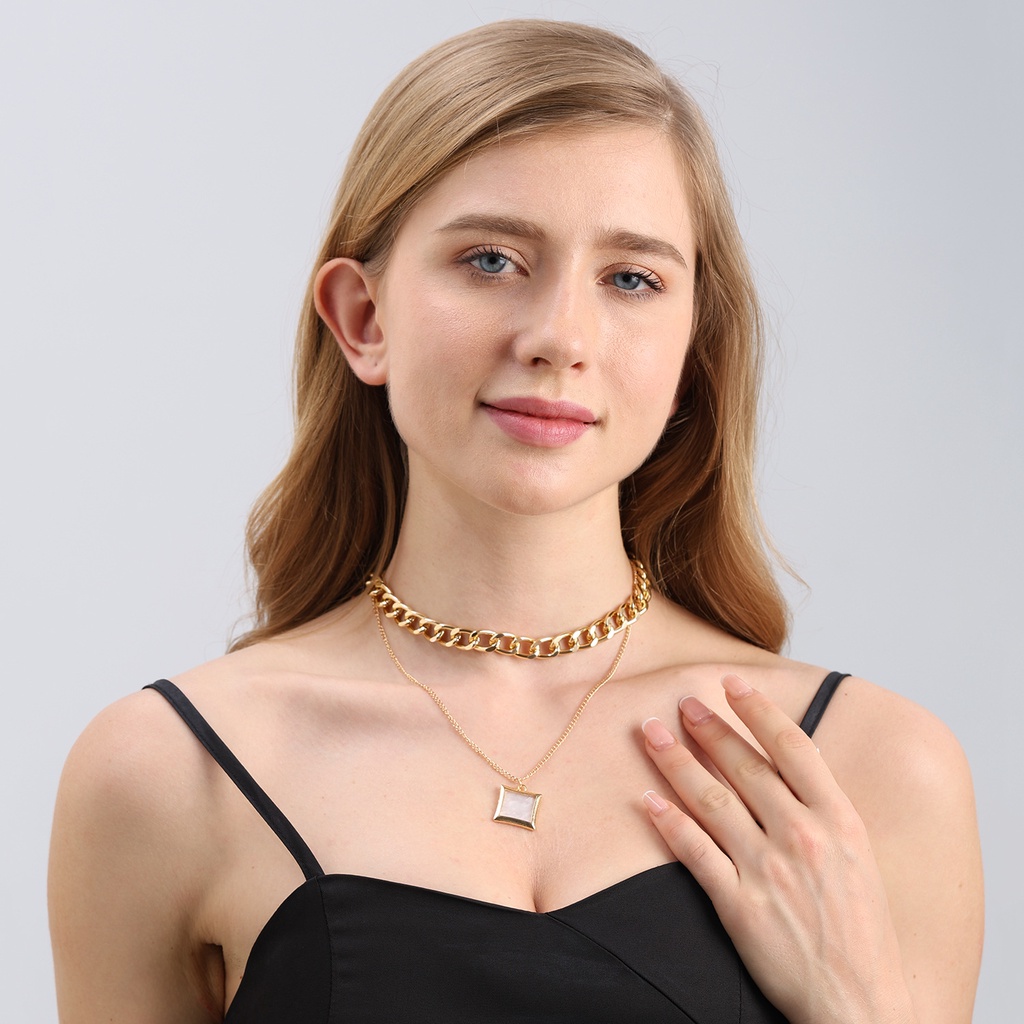 Vòng cổ Hợp Kim Mặt Vuông Hai Lớp Màu Trắng Thời Trang Cho Nữ