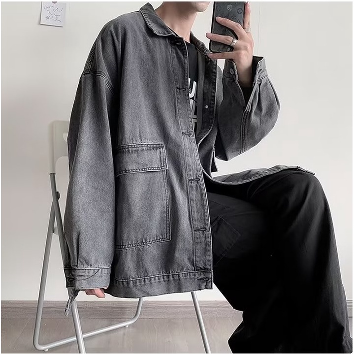 Áo Khoác Denim Dáng Rộng Phong Cách Retro Hong Kong Thời Trang Thu Đông Cho Nam