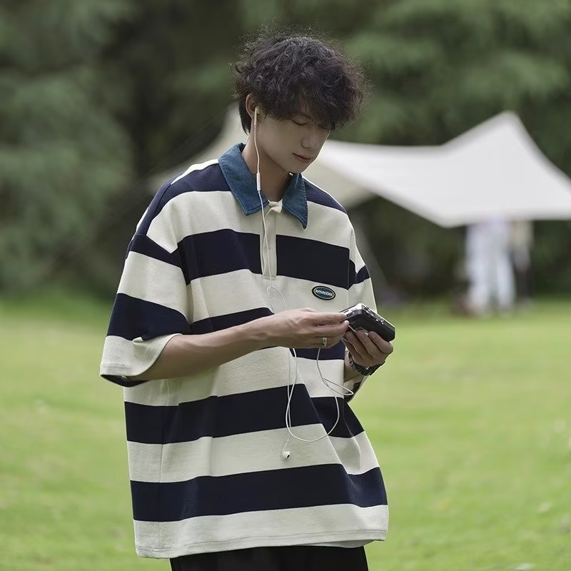 Áo Thun polo Tay Ngắn Dáng Rộng Họa Tiết Kẻ Sọc Thời Trang Mùa Hè Phong Cách Nhật Bản Cho Nam 23