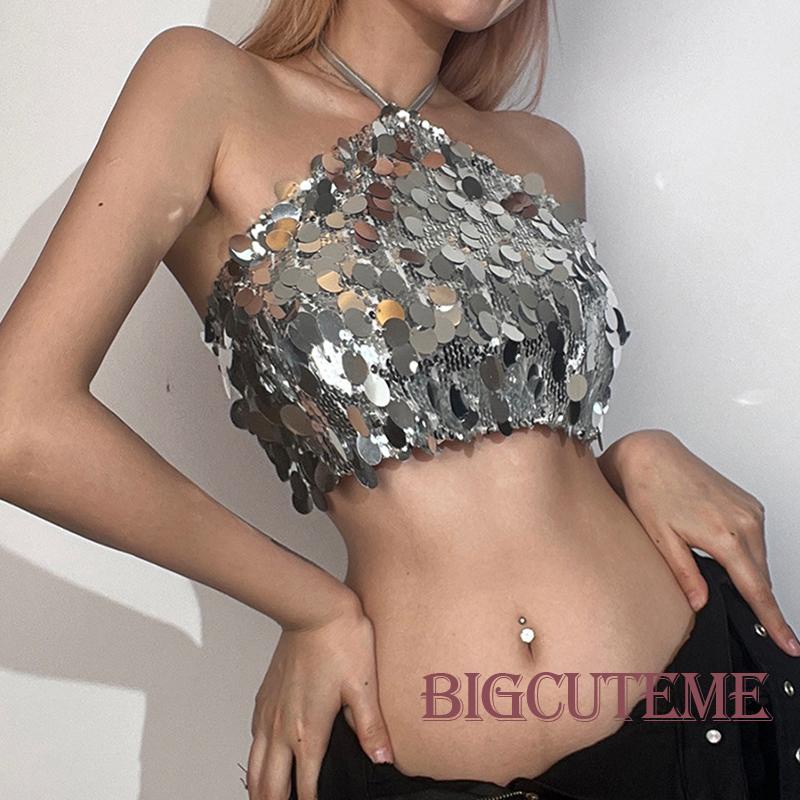 Áo Croptop Hai Dây Đính Kim Sa Lấp Lánh Thời Trang Mùa Hè Cho Nữ