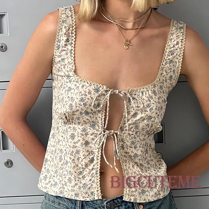 Áo Croptop Sát Nách Dáng Ôm Cột Dây Trước In Họa Tiết Hoa Thời Trang Mùa Hè Cho Nữ