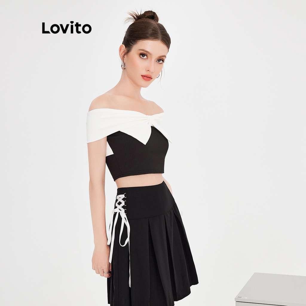 Áo không tay Lovito ghép nối màu sắc phối nơ màu trơn dễ thương cho nữ L51ED068 (Màu trắng và đen)