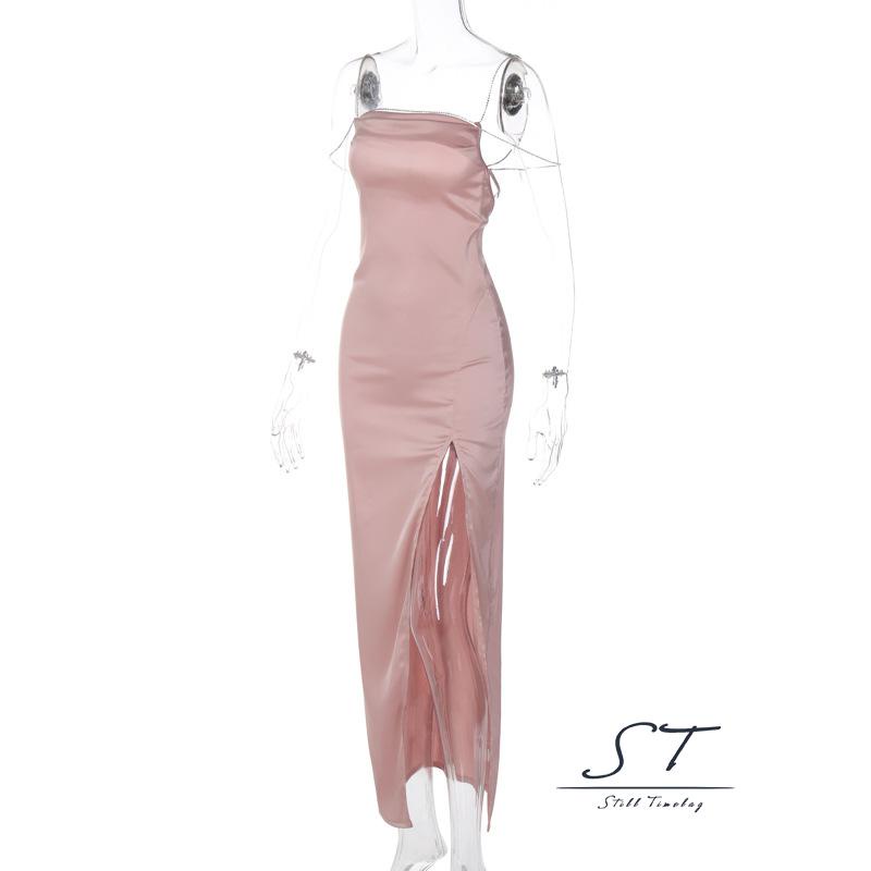 Đầm Satin Hai Dây Màu Trơn Đính Đá Xẻ Tà Cao Thời Trang Cho Nữ CY03