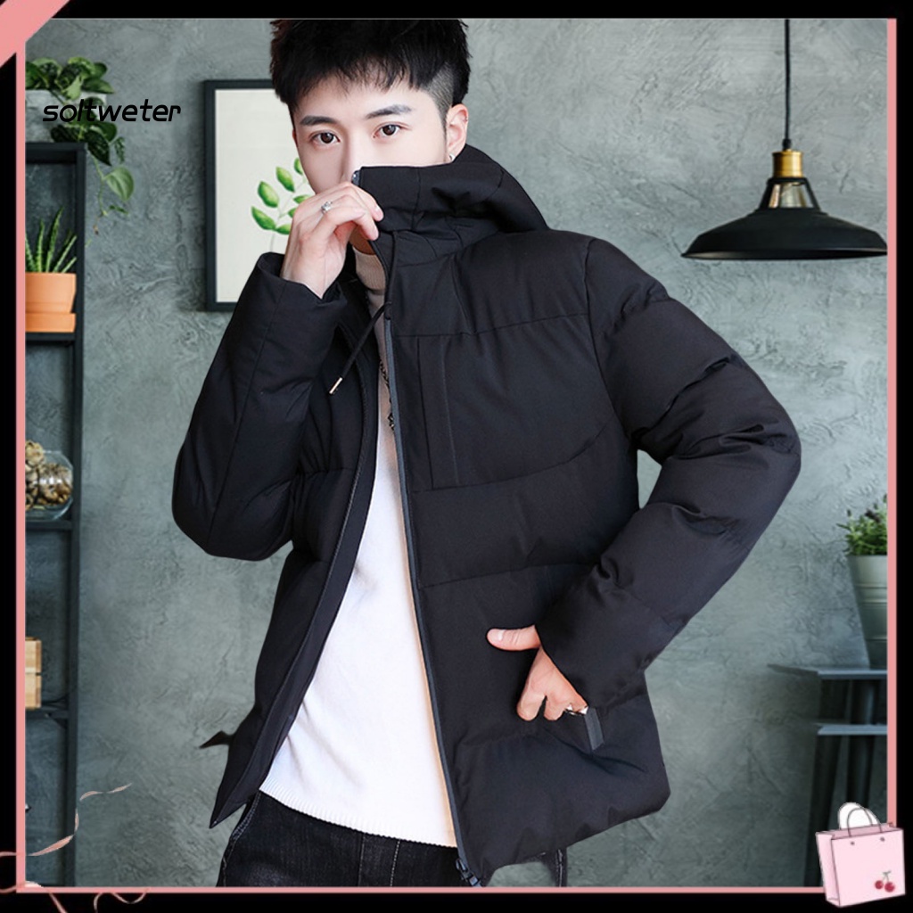 Áo Khoác Phao Cotton Tay Dài Màu Sắc Trơn Có Khóa Kéo Và Túi Phong Cách Đường Phố Hàn Quốc Cho Nam