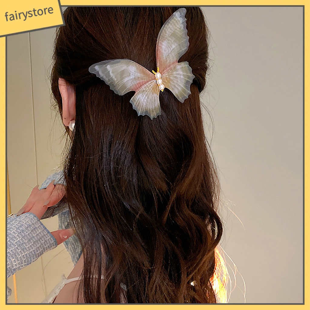 Kẹp Tóc Hình Bướm Hai Lớp Bằng Kim Loại Đính Ngọc Trai Giả Thanh Lịch Cho Nữ