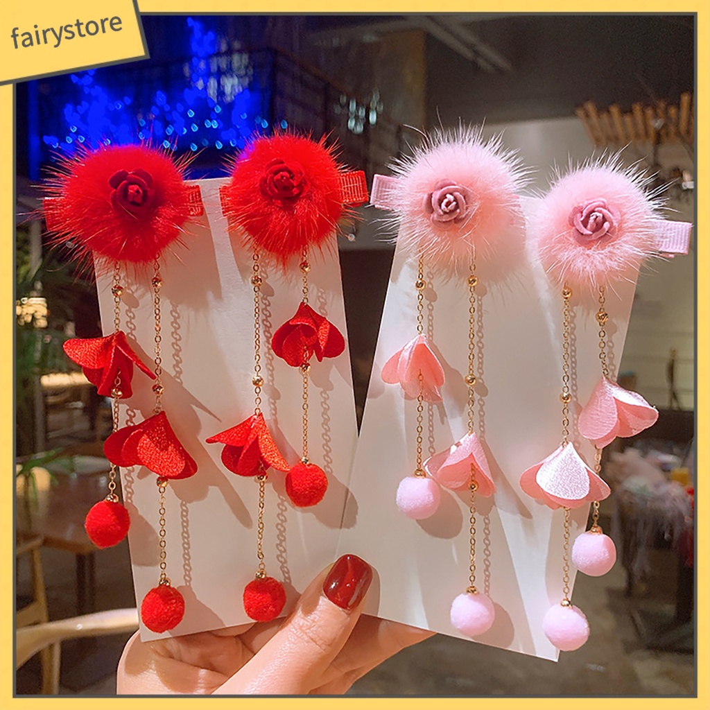 Kẹp Tóc Đính Bóng Lông Tua Rua Phong Cách Vintage Cho Nữ