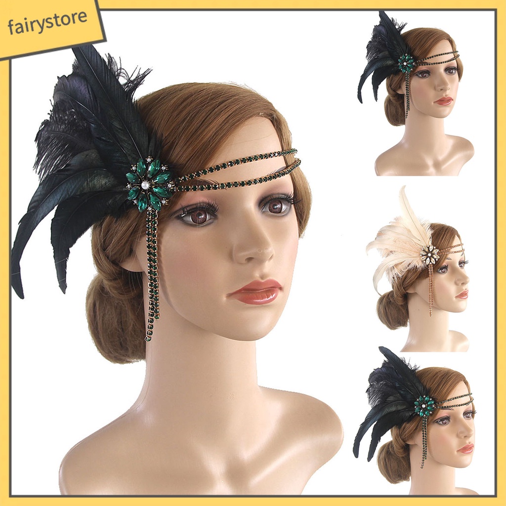 Băng Đô Cài Tóc Đính Đá Nhân Tạo Phối Lông Công Thời Trang