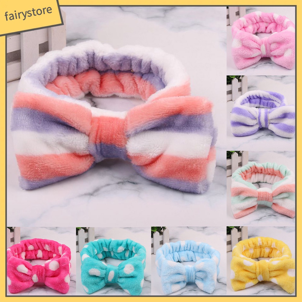 Băng Đô Cài Tóc Lông Cừu San Hô Co Giãn Đính Nơ Lớn Dễ Thương Cho Nữ Rửa Mặt