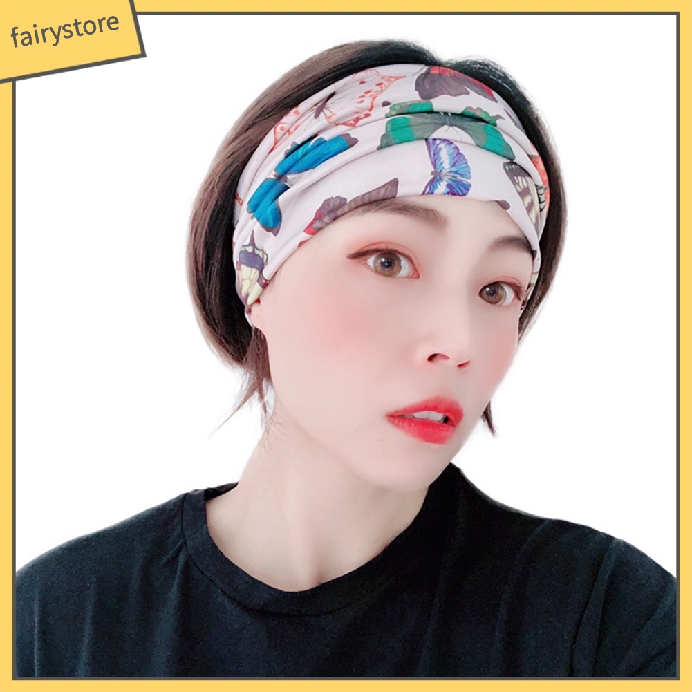 Băng Đô Cài Tóc Bản Rộng Co Giãn In Họa Tiết Hoa Lá / Bướm Thời Trang Cho Nữ