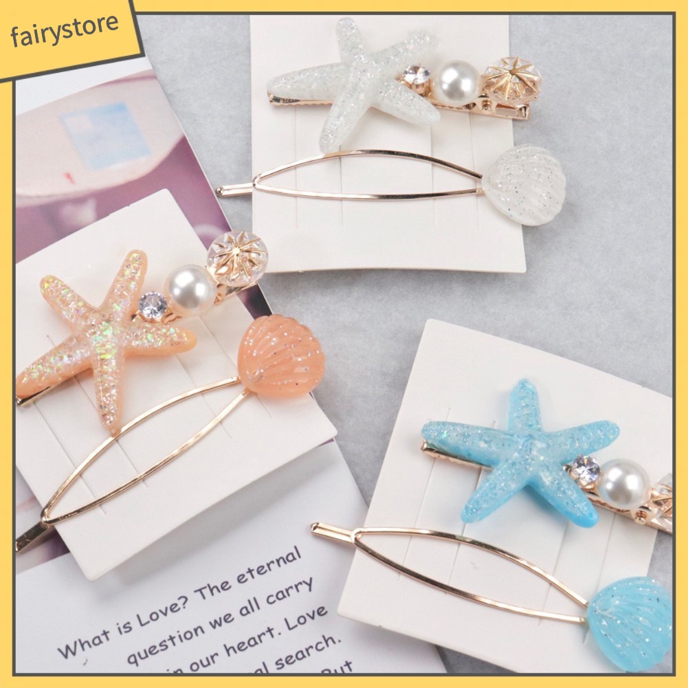 Set 2 Kẹp Tóc Hình Vỏ Sò / Sao Biển Đính Ngọc Trai Giả Thời Trang