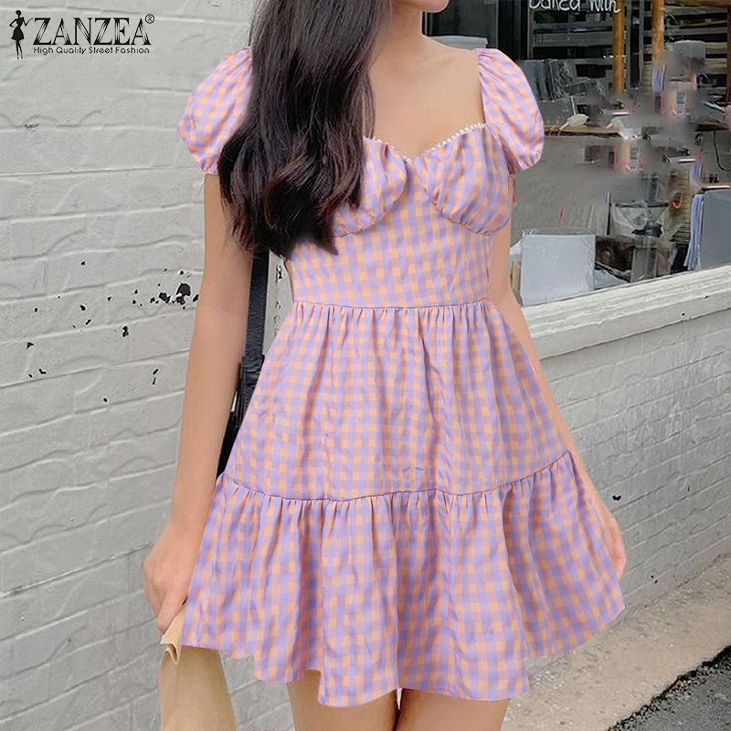 Zanzea Đầm Tay Phồng Cổ Vuông Họa Tiết Sọc Caro Phong Cách Hàn Quốc Thời Trang Cho Nữ