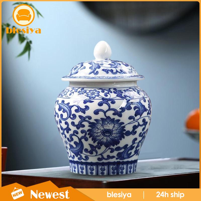 [Blesiya] Hũ Đựng Trà / Gừng Bằng Sứ Màu Xanh Dương Và Trắng Có Nắp Đậy Trung Tâm