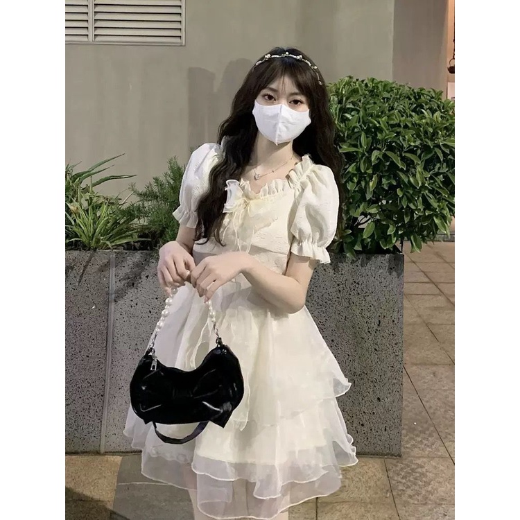 Đầm Cổ Vuông Tay Phồng Ngắn Dáng Ôm Phong Cách Hàn Quốc Thời Trang Mùa Hè Xinh Xắn Cho Nữ
