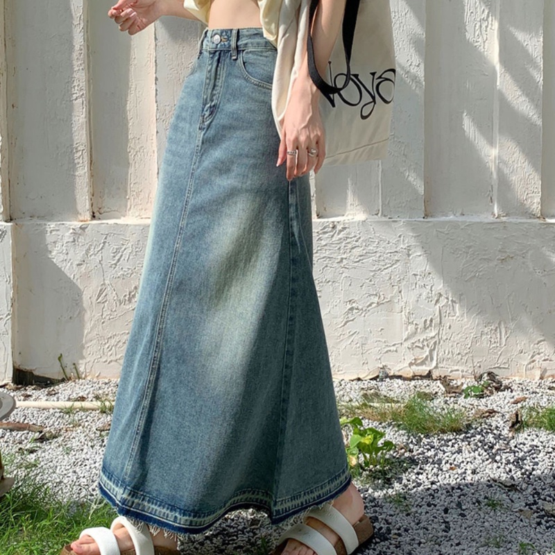 COZOK Váy denim Lưng Cao Dáng Dài Form Ôm Theo Phong Cách retro