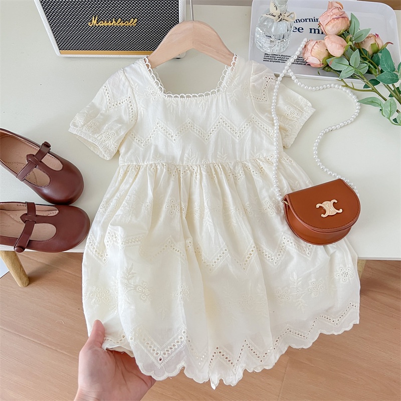 Đầm Trắng Tay Ngắn Thêu Ren Kiểu Hàn Quốc Thời Trang Mùa Hè Xinh Xắn Cho Bé Gái