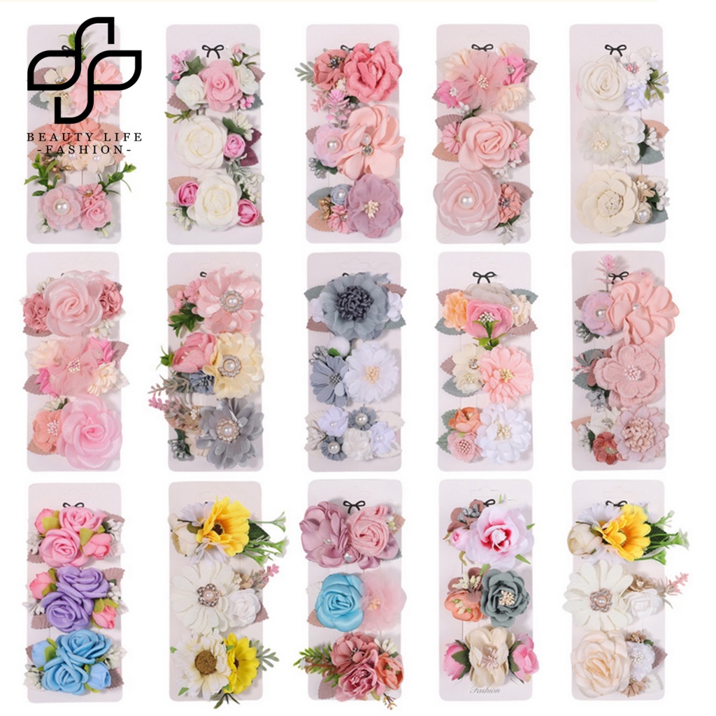 Bộ 3 Kẹp Tóc Màu Sắc Tươi Sáng Đính Hoa Giả Xinh Xắn