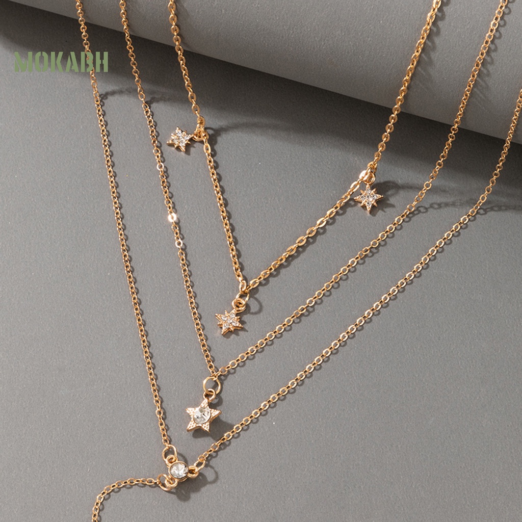 [Mok Abh] Vòng Cổ Choker Nhiều Lớp Họa Tiết Hình Ngôi Sao Năm Cánh Có Đính Đá Giả Kim Cương