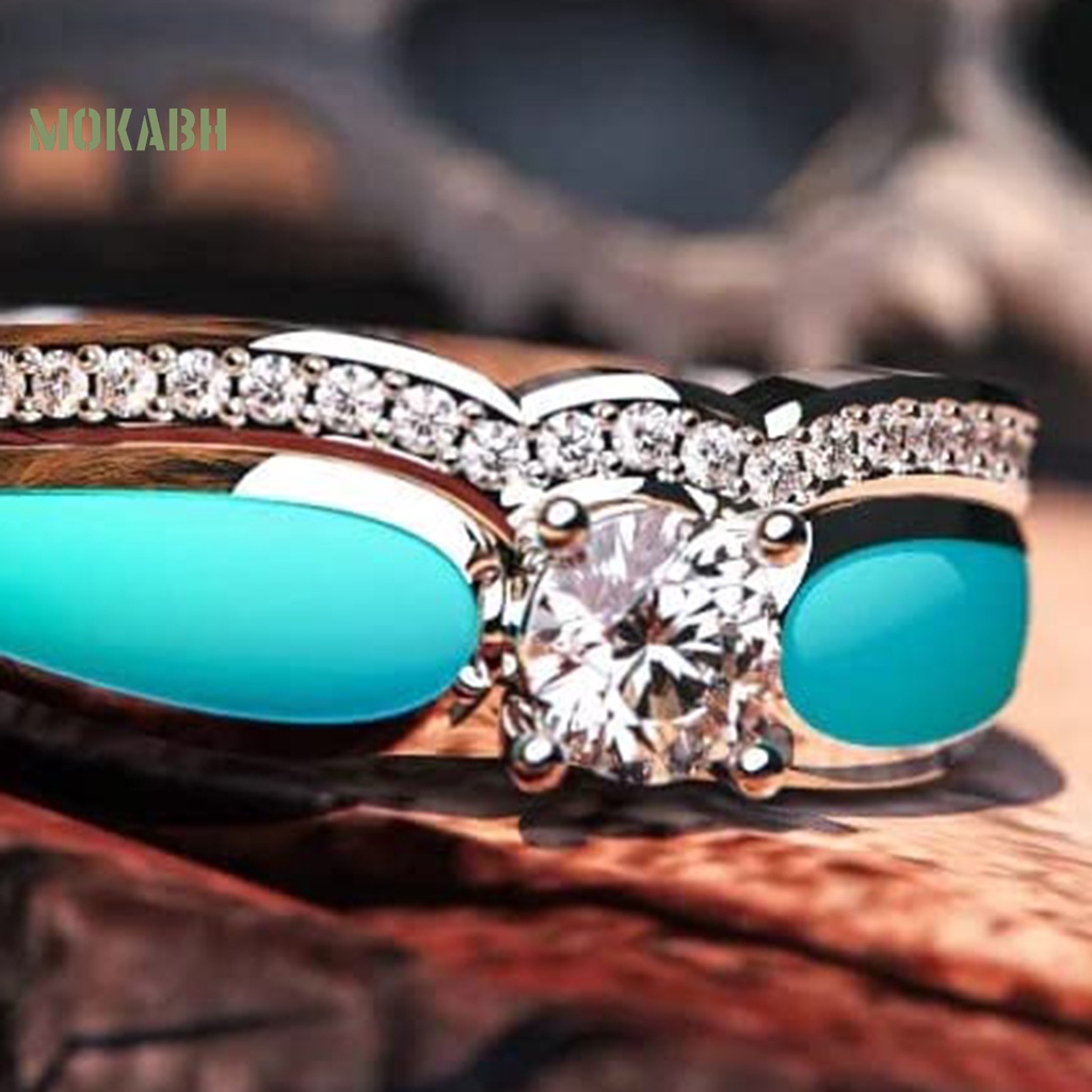 [Mok Abh] Nhẫn Đính Đá Ngọc Lam Giả Hình Sóng Biển Hai Lớp Không Gây Dị Ứng Có Thể Tháo Rời Thời Trang Thanh Lịch Cho Nữ