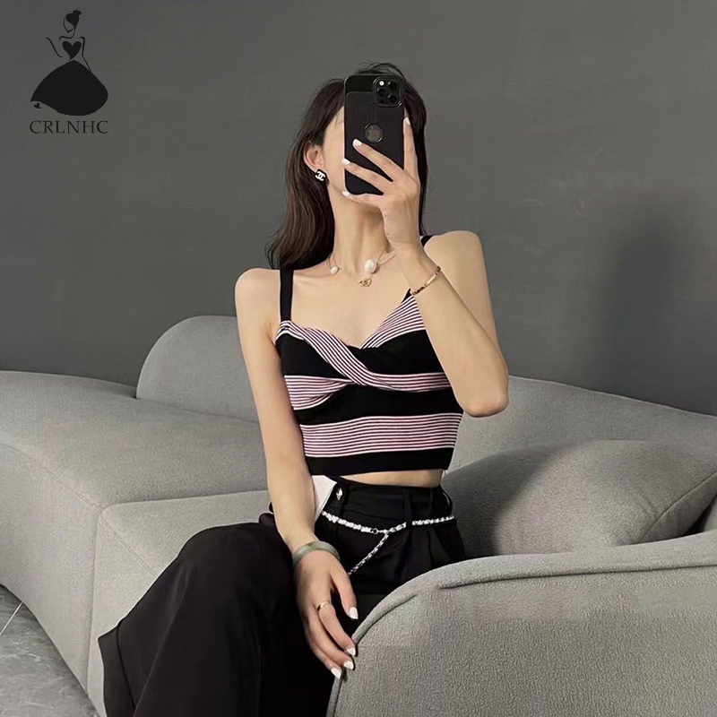 Áo Hai Dây Dệt Kim Kẻ Sọc Màu Tương Phản Quyến Rũ Thời Trang Cho Nữ