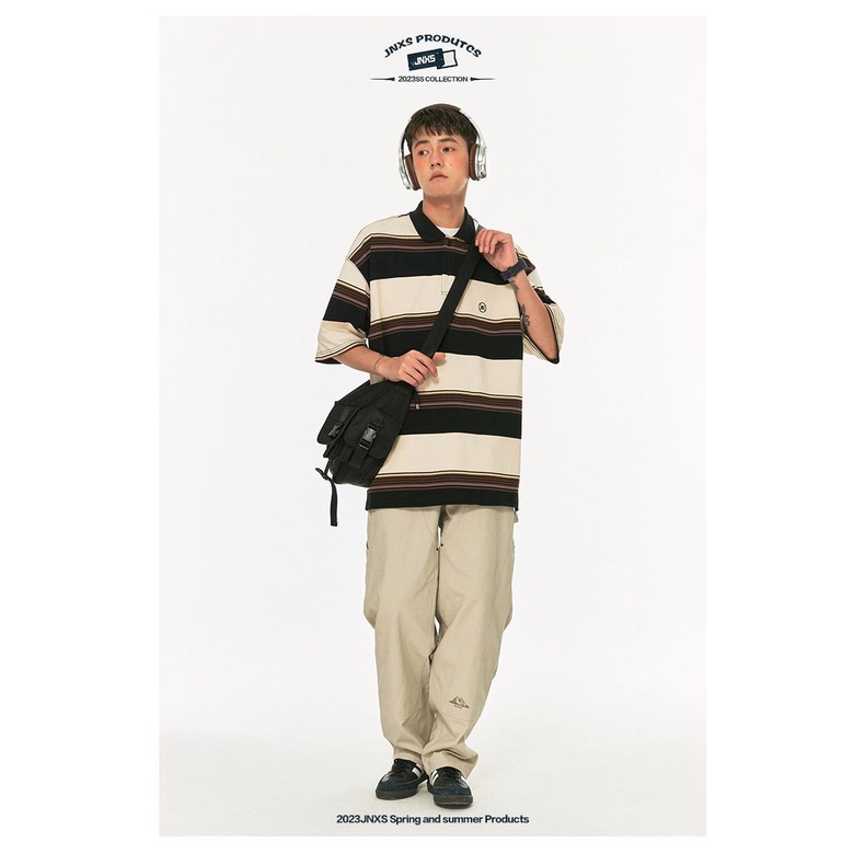 Áo Thun polo Ngắn Tay Form Rộng Họa Tiết Kẻ Sọc Màu Sắc Tương Phản Phong Cách Hong Kong Cho Nam