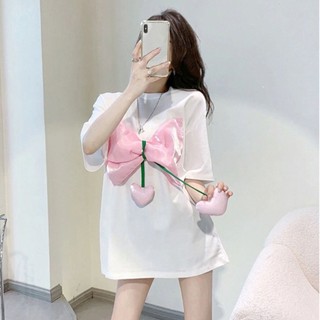Áo Thun Cotton Ba Chiều Đính Nơ Màu Hồng Tinh Khiết Độc Đáo Thời Trang Mùa Hè Cho Nữ