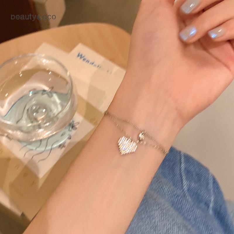 Beautycoco Vòng tay 2 lớp mặt hình trái tim đính đá pha lê đơn giản cho nữ