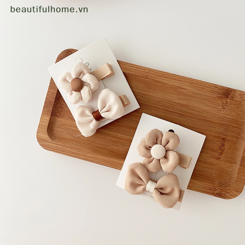 Set 4 / 2 Kẹp Tóc Nơ / Bông Hoa Màu Hồng Ngọt Ngào Cho Bé Gái