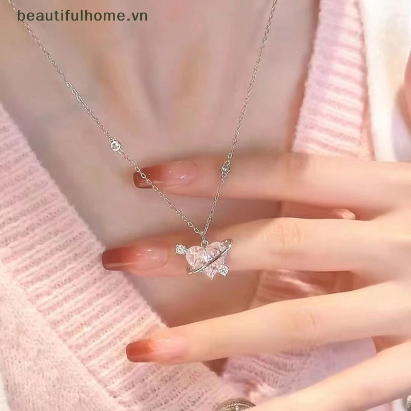[beautifulhome] Vòng cổ Mặt Hình Trái Tim Đính Đá Zircon Màu Hồng Ngọt Ngào Tinh Tế Cho Nữ