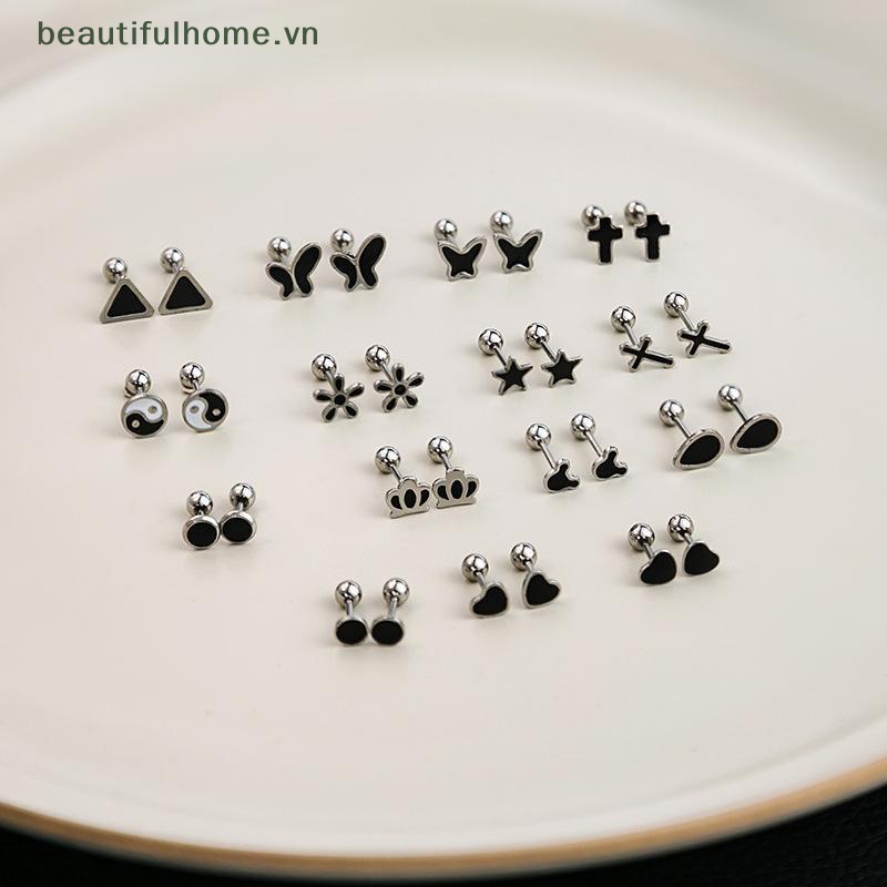 Bông Tai Hình Tròn / Ngôi Sao / Trái Tim Màu Bạc / Đen Thời Trang Cho Nữ