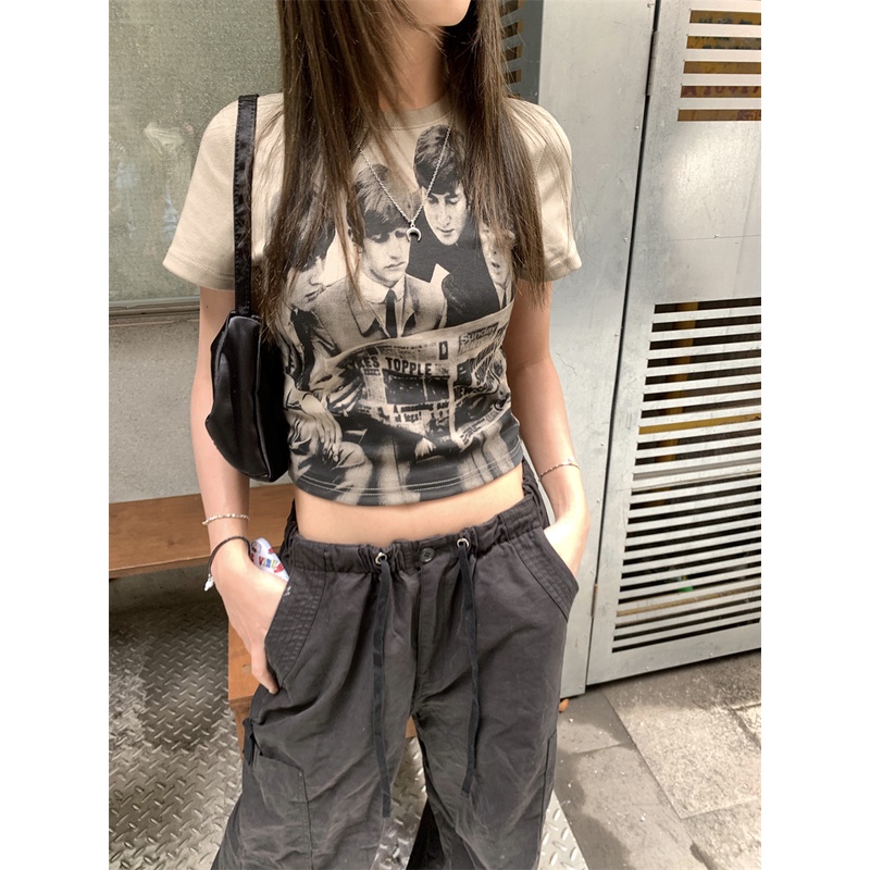 Áo Thun Ngắn Tay Cổ Tròn Dáng Ôm In Họa Tiết Phong Cách Retro Thời Trang Mùa Hè Dành Cho Nữ