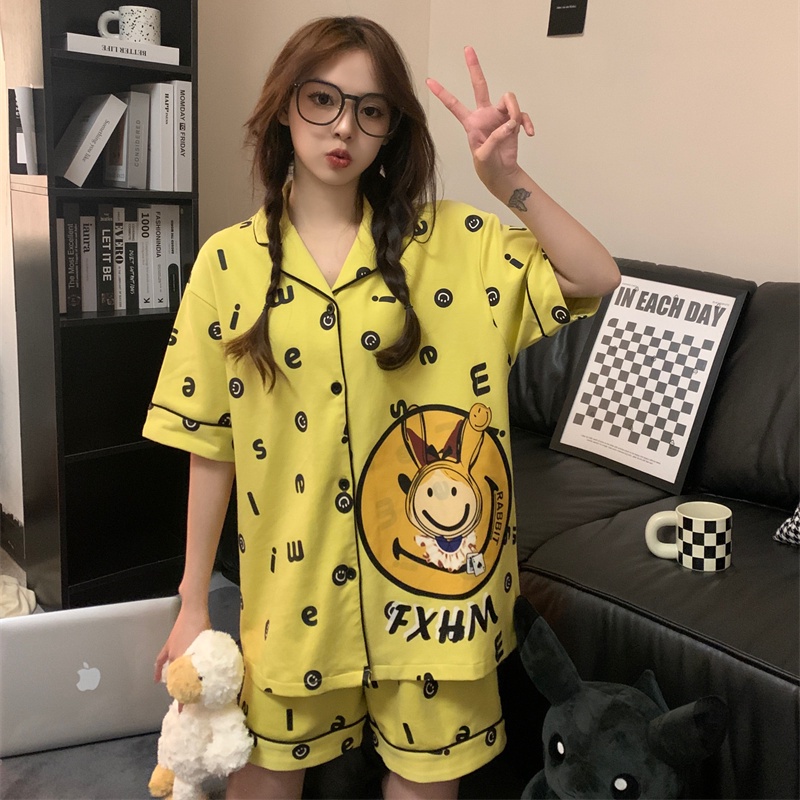 Bộ Đồ Ngủ Tay Ngắn In Họa Tiết Hoạt Hình Mặt Cười Phong Cách Hàn Quốc Thời Trang Mùa Hè Cho Nữ