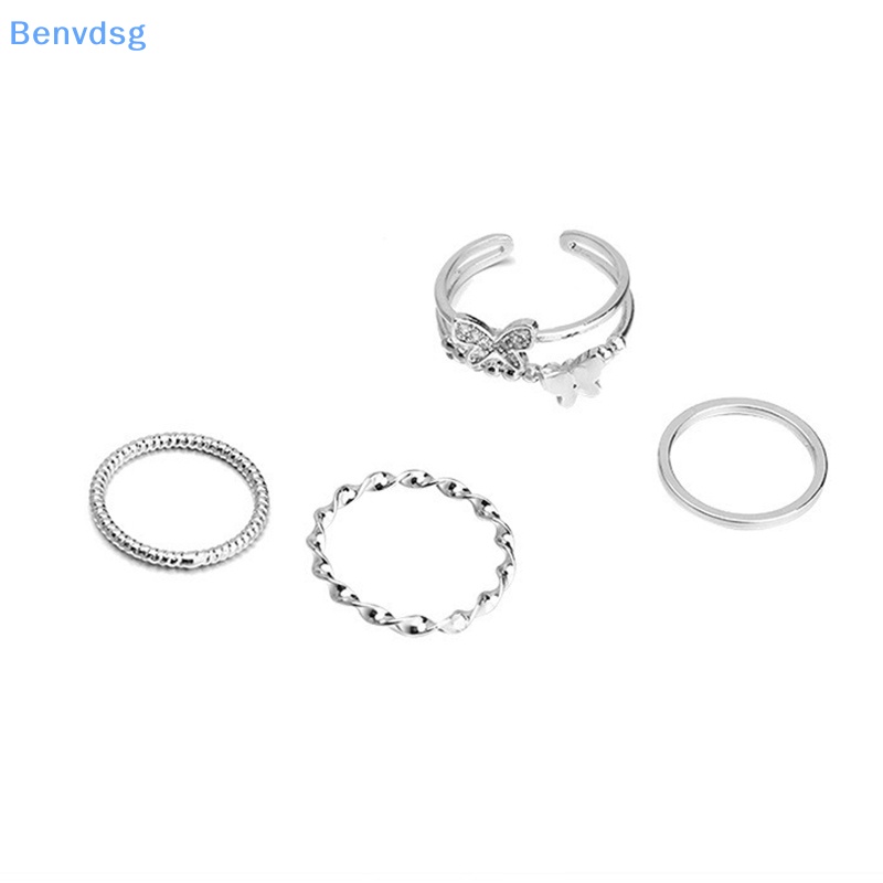 Bộ 4 Nhẫn Hình Tròn Họa Tiết Bướm Màu Bạc Tùy Chỉnh Thời Trang Cho Nữ