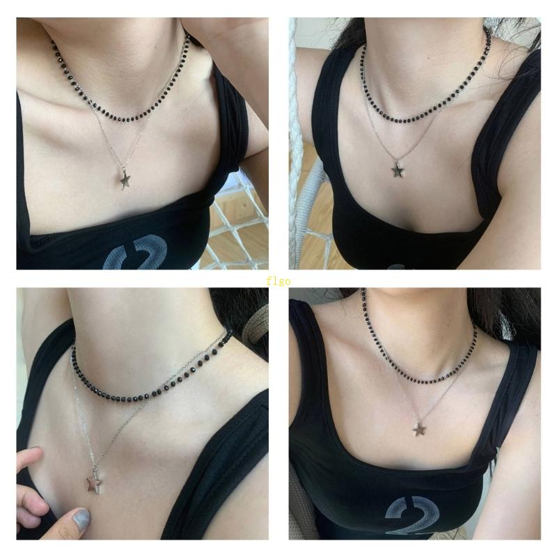 Dây Chuyền Hai Lớp Bằng Thép Không Gỉ Đính Hạt Pha Lê Đen Thời Trang Xu Hướng Niche