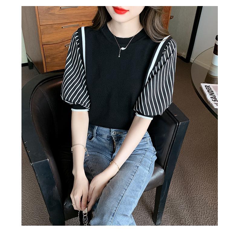 Áo Thun Dệt Kim Tay Ngắn Họa Tiết Kẻ Sọc Thời Trang Mùa Hè 2023 Cho Nữ